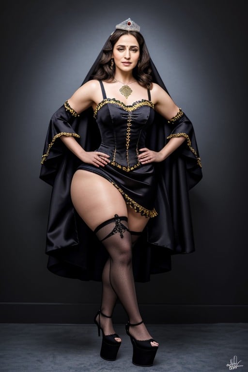 Modest Outfit, Rave Lighting, Knee Length Feathered Dirndl With Fully Mantilla AI Porn