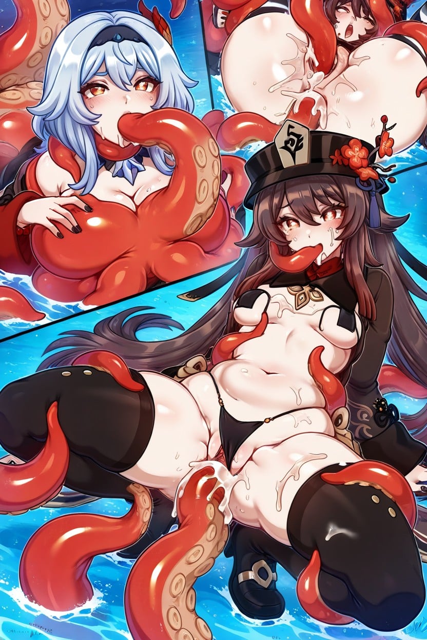 Tentacles In Pussy, Thick Dick Inside Mouth, Oiled Skin Hentai AI Porn