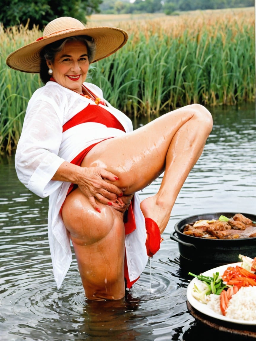 One Leg Up, Many People Around, Milf Elderly Sexy Gilf AI Porn
