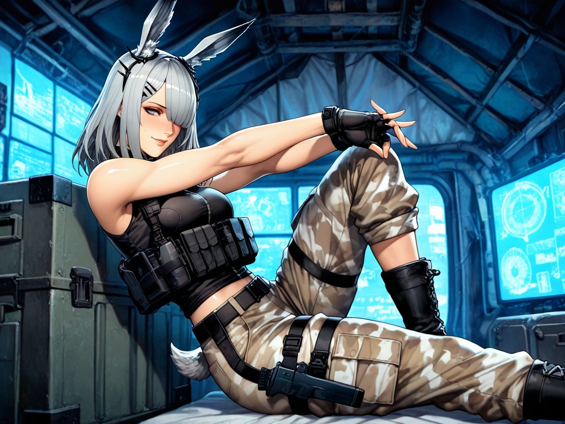Oda Non Art Style, Pouches And Military Knife Strapped Around Left Thigh, Blue Neon Light Hentai AI Porn
