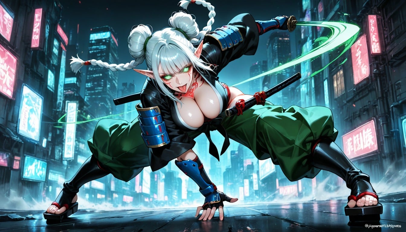 Sacar La Lengua, Detailed Eyes, Samurai Blue Armor Hentai IA
