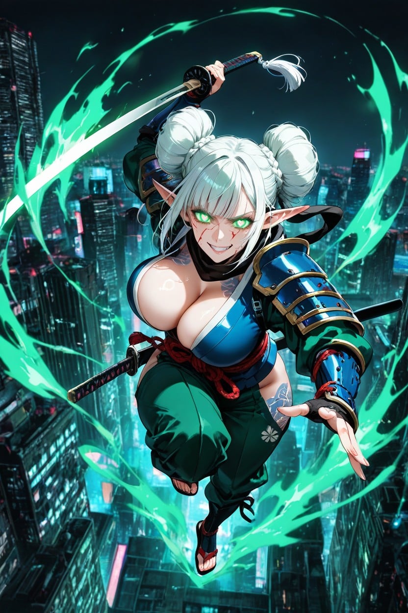 Hair Hairbun Blue, Tattoo, Ninja Green Pants Hentai AI Porn