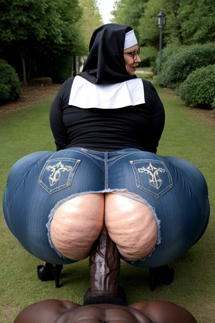 Wearing Slightly Torn Jeans, Oversized Super Jumbo Ass, Wearing Glasses AI Porn