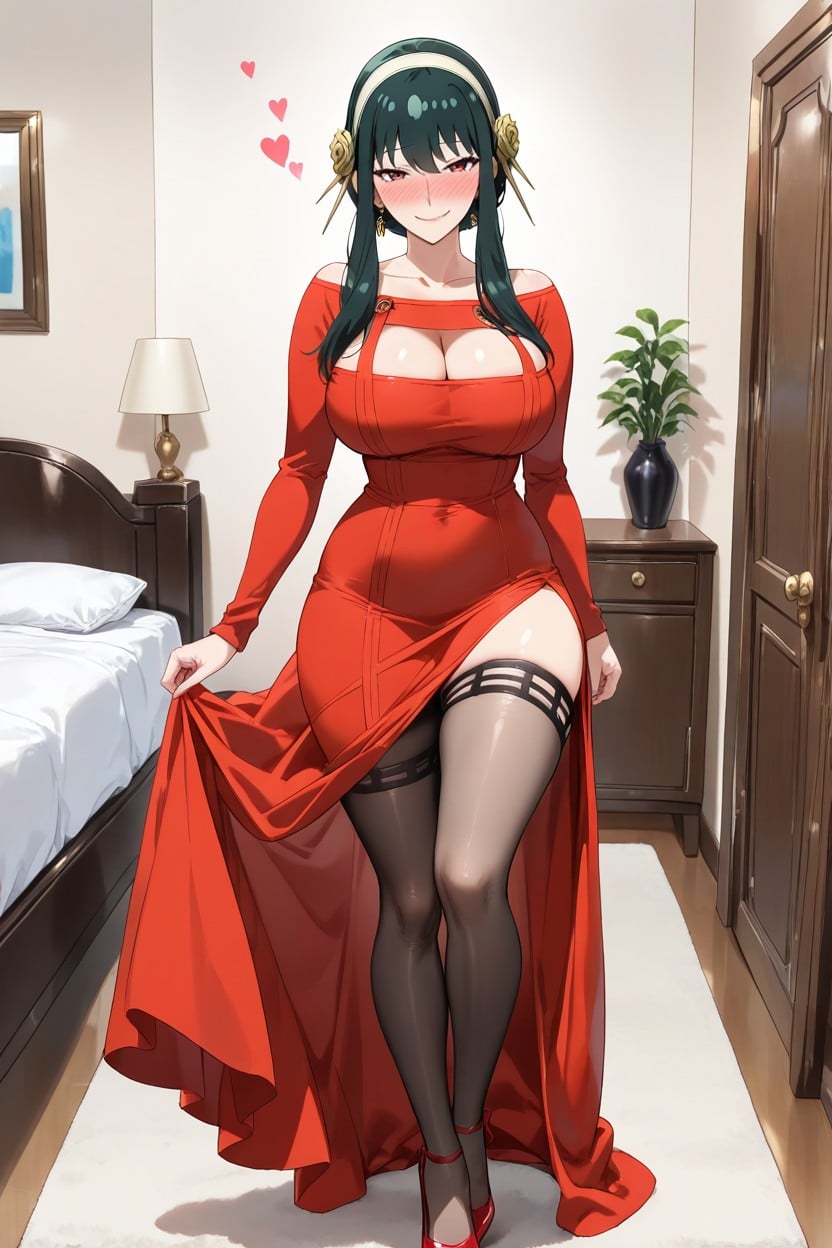 Red Eyes, Long Legs, Closed Neck Dress Hentai AI Porn