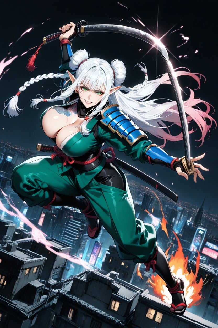Dynamic Fire Flow, Elf Female, Detailed Eyes Hentai AI Porn