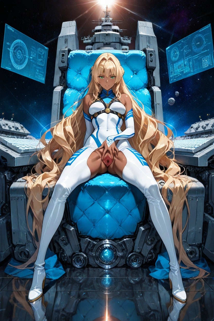 Reinforced White High Boots, Astronomical Blue Stars Nebula Background, Hyper Dynamic Positions Hentai AI Porn