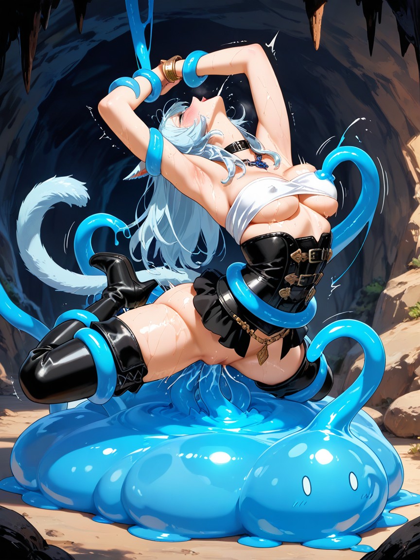 Rolling Eyes, Light Blue Long Hair, Tilt Head Back Porno IA Hentai