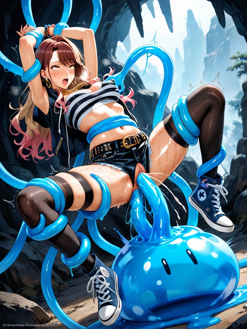 Rise Kujikawa From Persona, Two Toned Blue And Brown Hair, Rebound Lines Hentai AI Porn