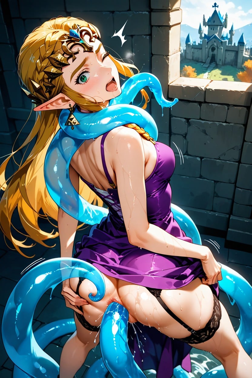 Zelda's Purple Dress From Smash Bros Garter And Stockings, Squirting From Anal Motion Lines On Ass, Pussy Juice Running Down Thighs Hentai AI Porn