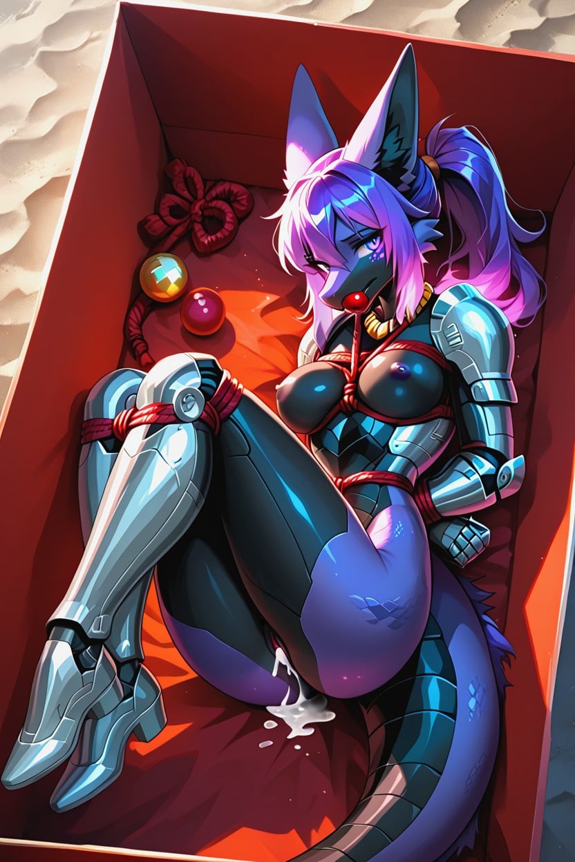 Red Ball Gag, Female Ender Dragon, Arms Tied Behind Back Furry AI Porn