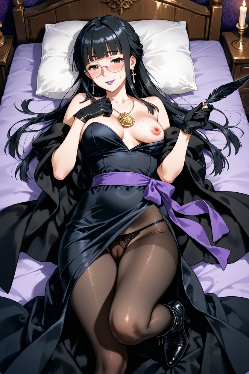Other Breast Completely Covered, Purple Sash, Latin Cross Earrings Hentai AI Porn