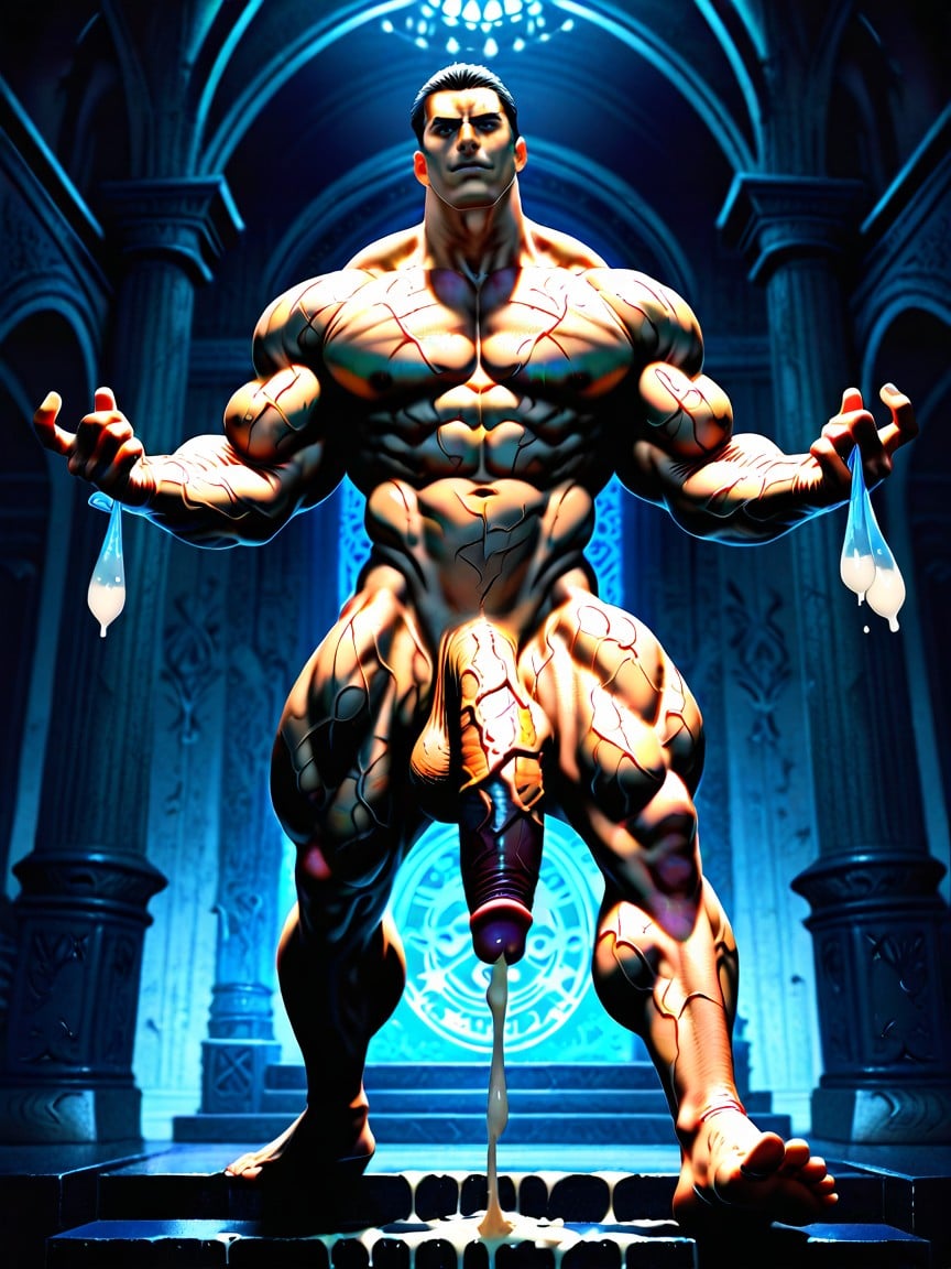 Arab Muscular Male Bodybuilder Filled A Extra Large Magnum Condom Full Of His Cum, Wide Angle, 18+ AI Gay Porn