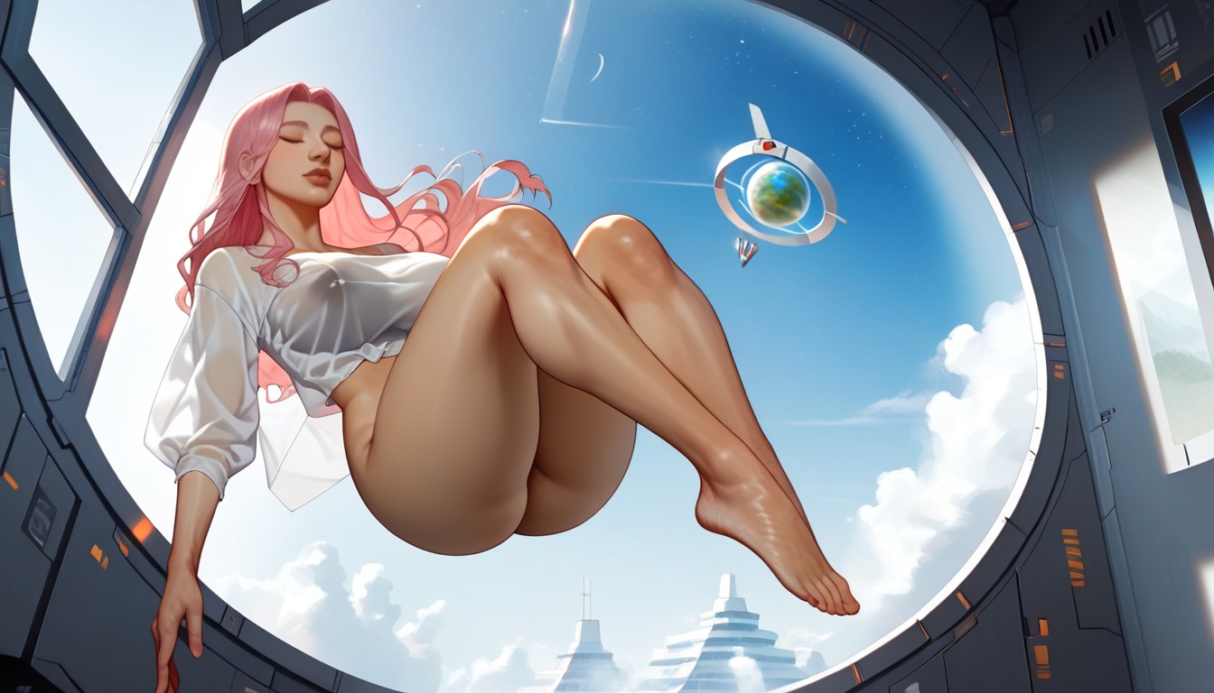 Giant Rectangular Glass Window In Background, Closed Eyes, Flowing Hentai AI Porn