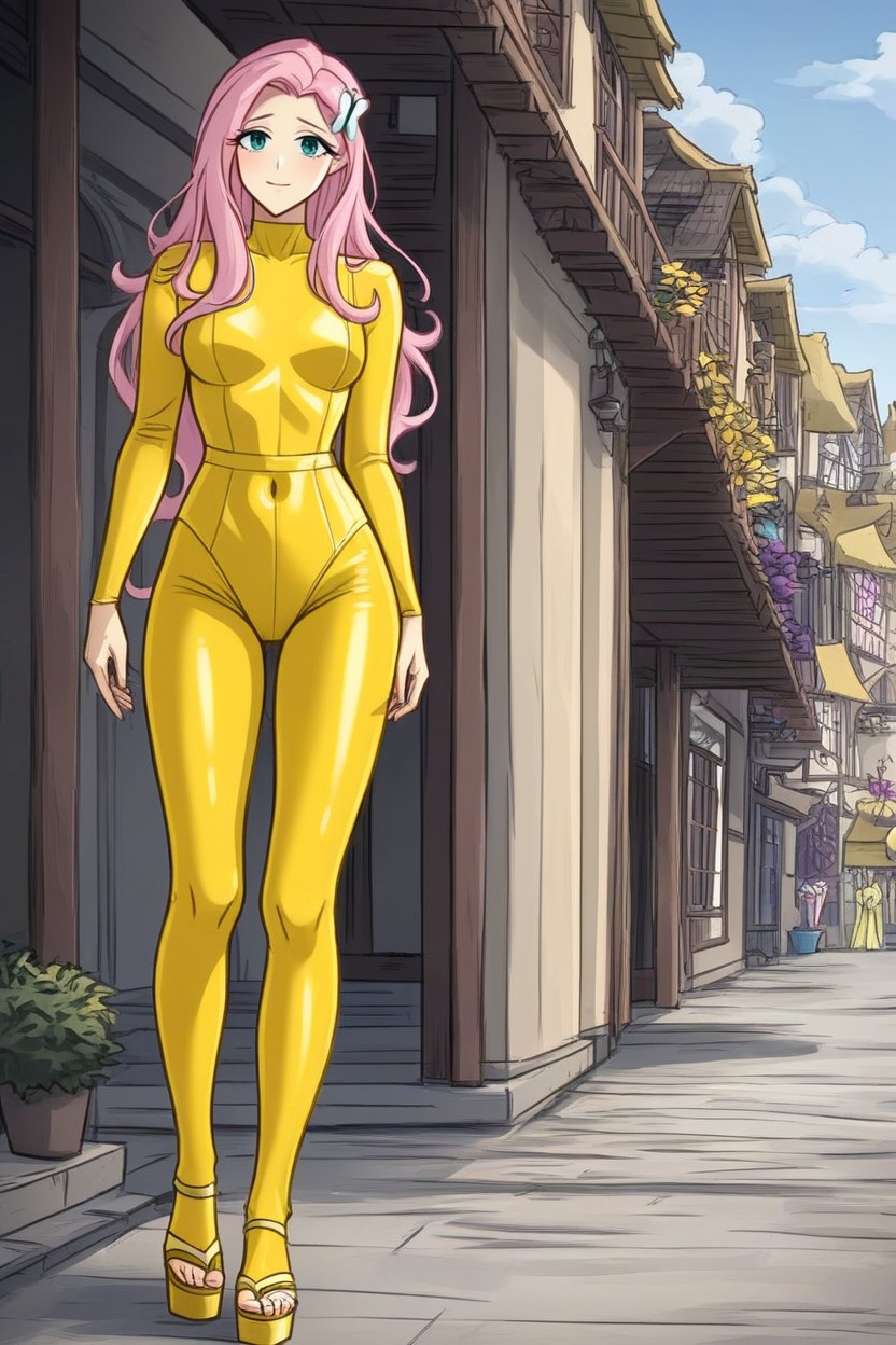 Very Sexy High Platform White Sandals, Low Stature, Fully Dressed AI Porn
