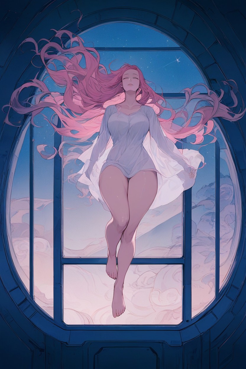 Closed Eyes, Visible Nipples Through Clothes, Korean Woman Floating In Zero Gravity Hentai AI Porn