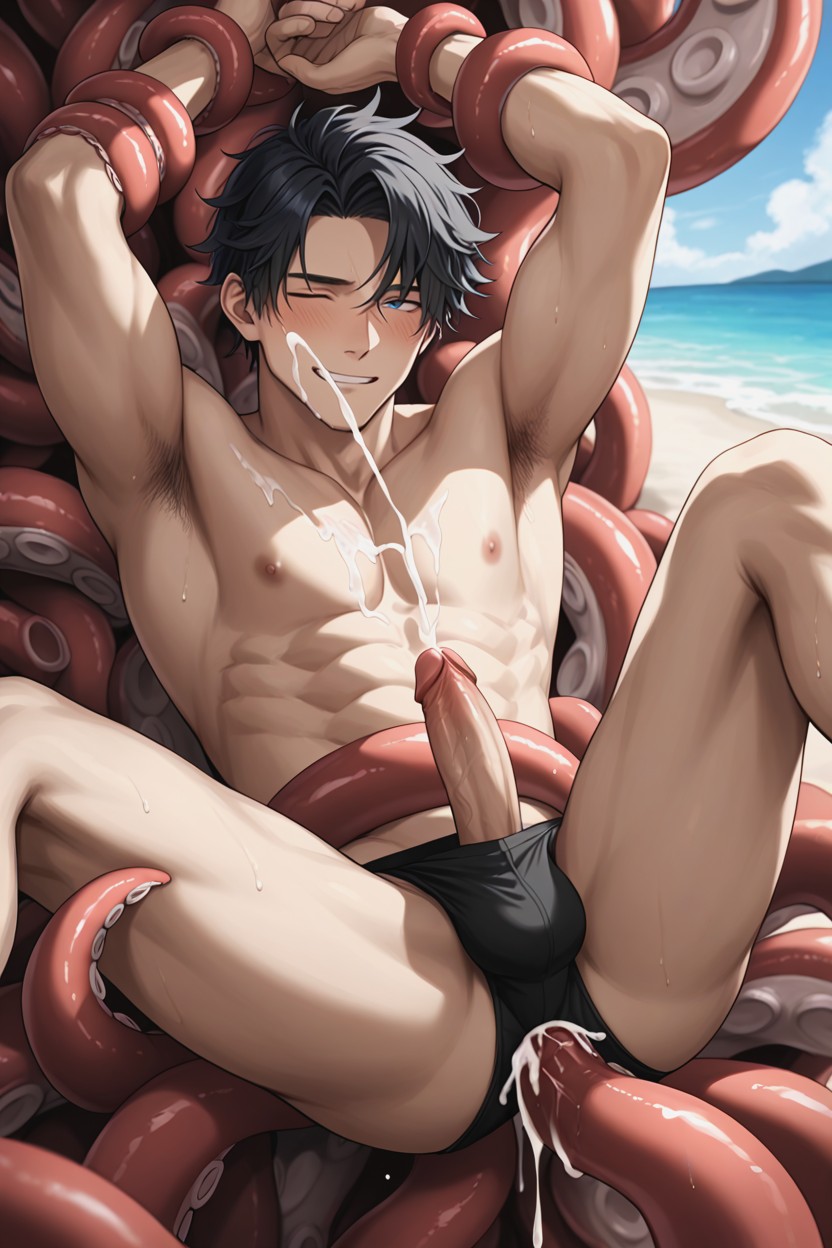 The Tentacle Help Him Masturbate, Hair Ends Slightly Curled Up At The Ends, Anal Penetration AI Gay Porn