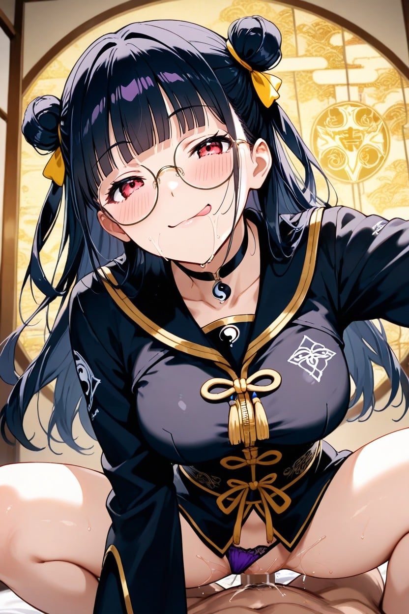 Black Choker With White Lace, Smug, Cowgirl Position Hentai AI Porn