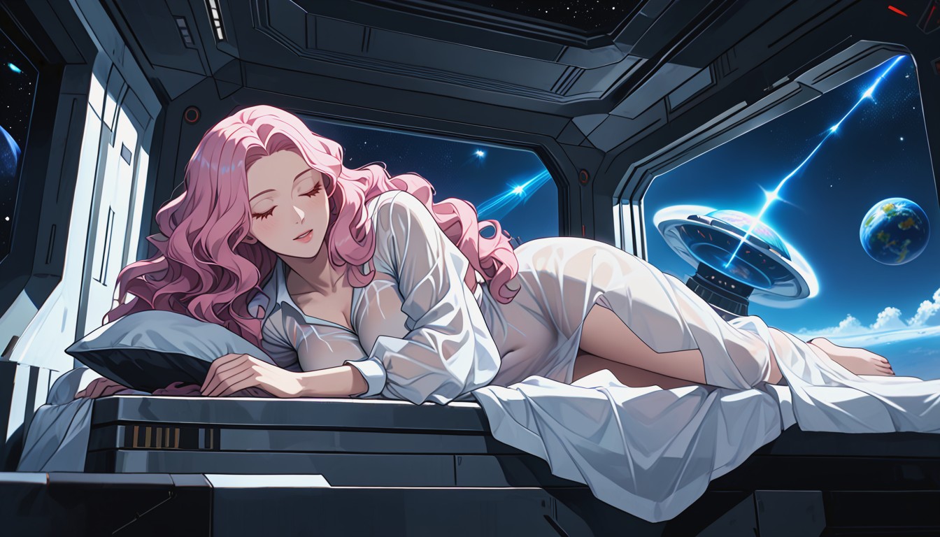 Futuristic Spaceship Interior, Naked Lower Body, Translucent White Shirt Hentai AI Porn