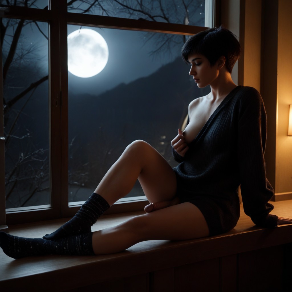 Tiny, Sitting On The Window Sill, Oversized Sweater Shemale AI Porn