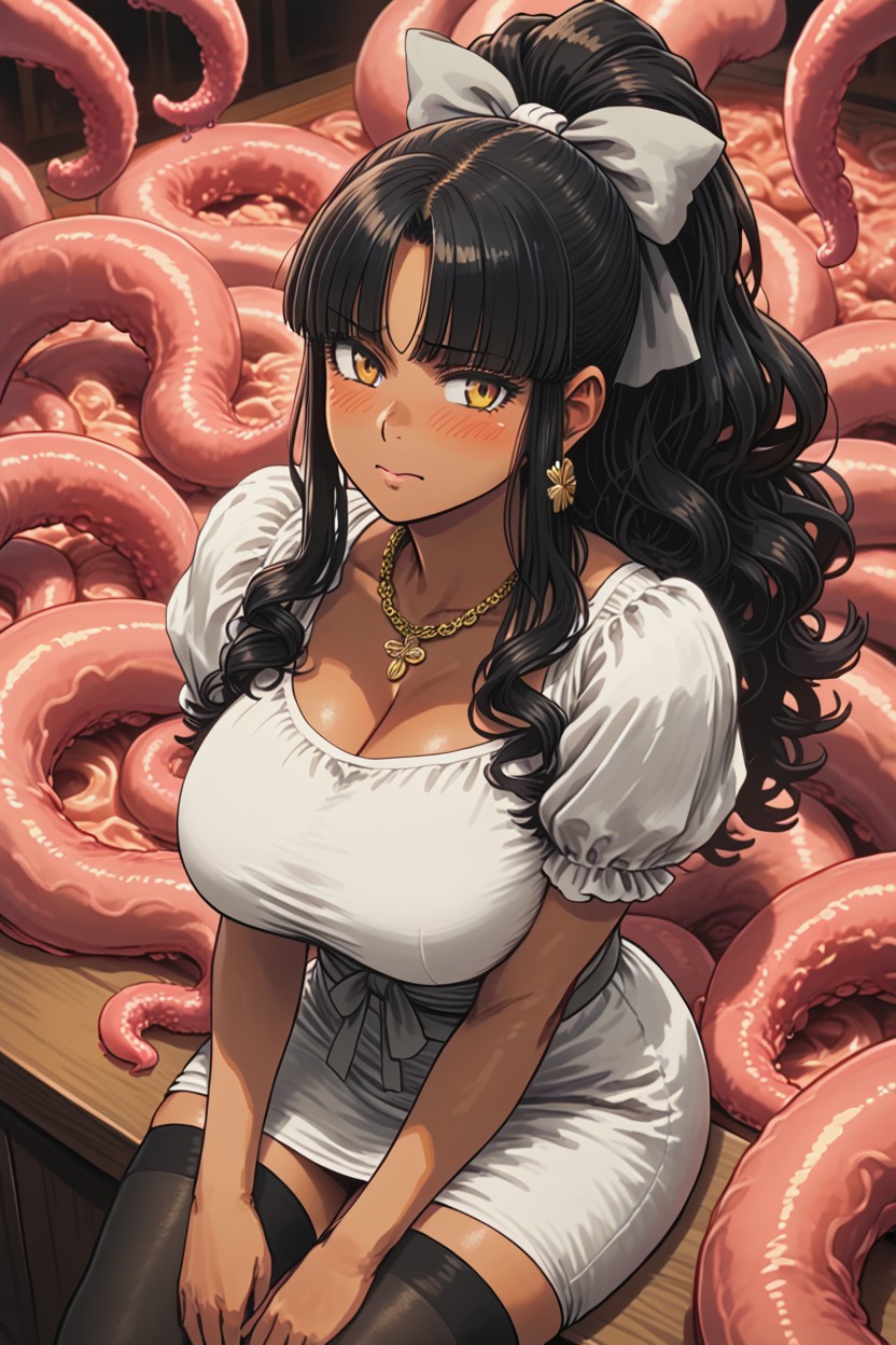 Black Hair, Gray Thick Dress, Shy AI Porn