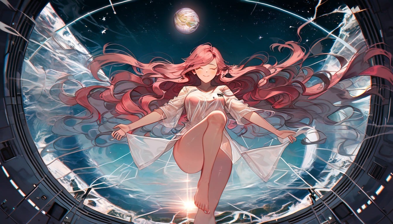 Empty Hands, Messy Bed Below Her, Korean Woman Floating In Zero Gravity Hentai AI Porn