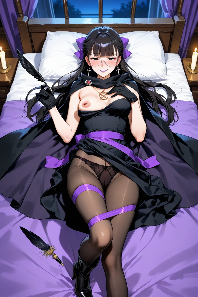 Several White Candles On A Nightstand, Black Disposable Gloves, Latin Cross Earrings Hentai AI Porn