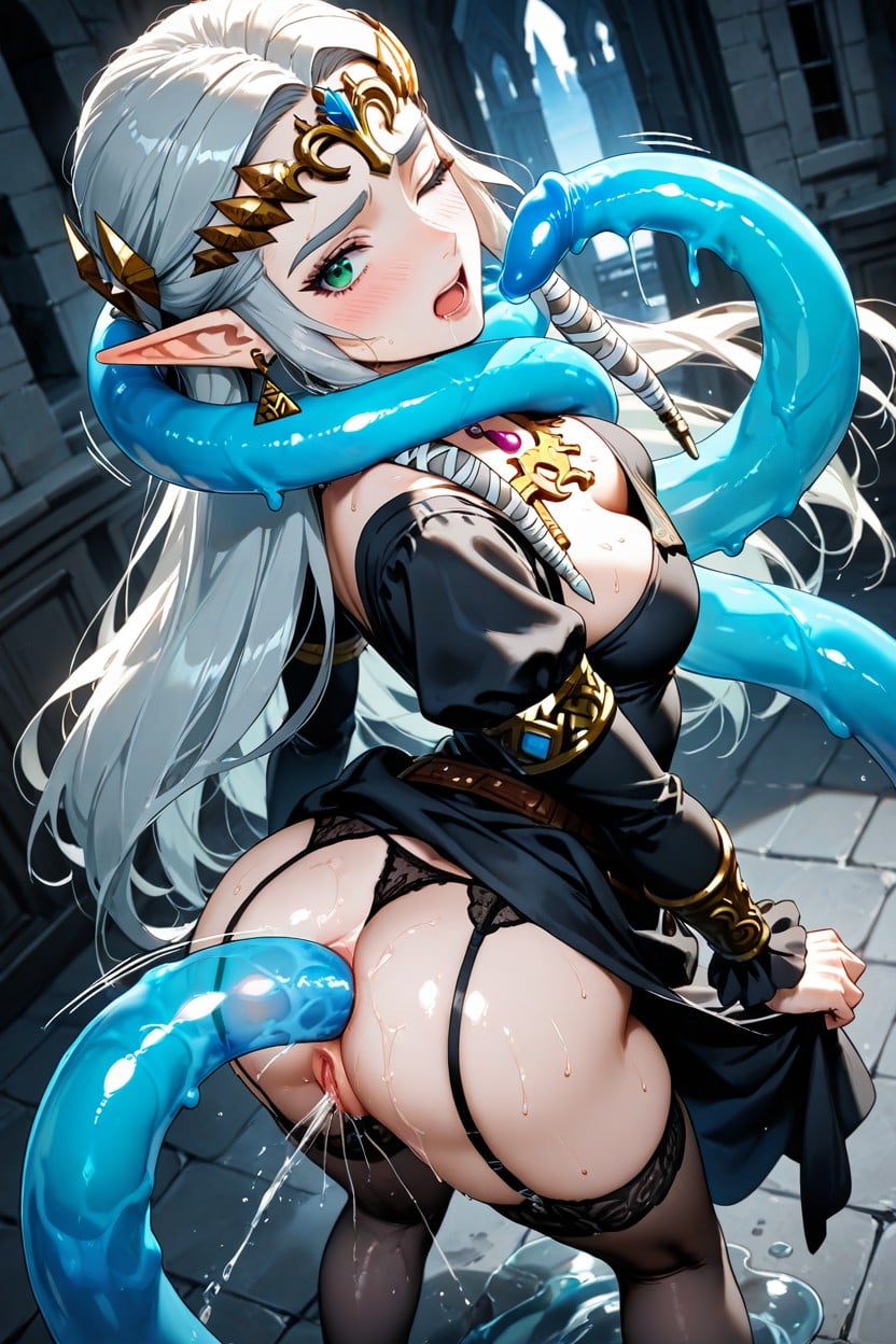 Shocked, Zelda's Black Dress Black Garter And Stockings, One Eye Open Hentai AI Porn