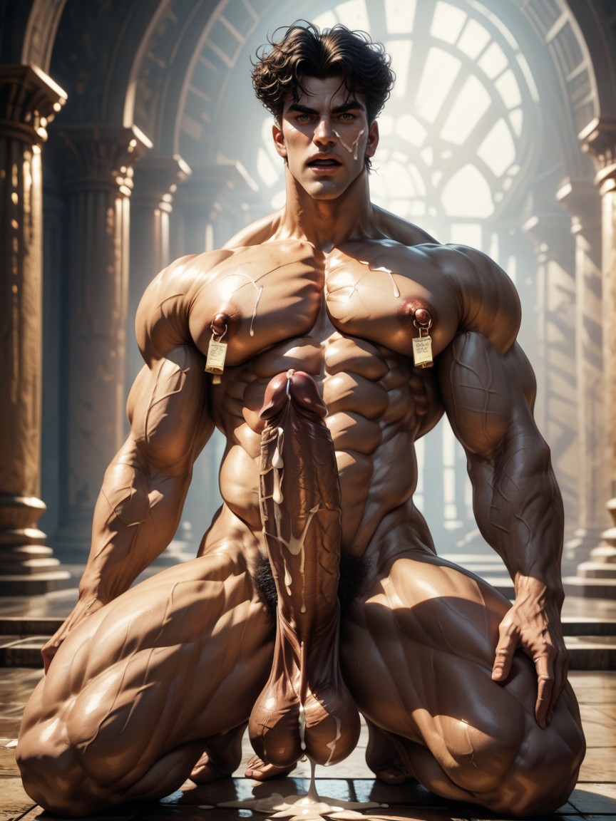 Oversized Muscles, Handsome Naked Male Bodybuilder, Soft Light AI Gay Porn