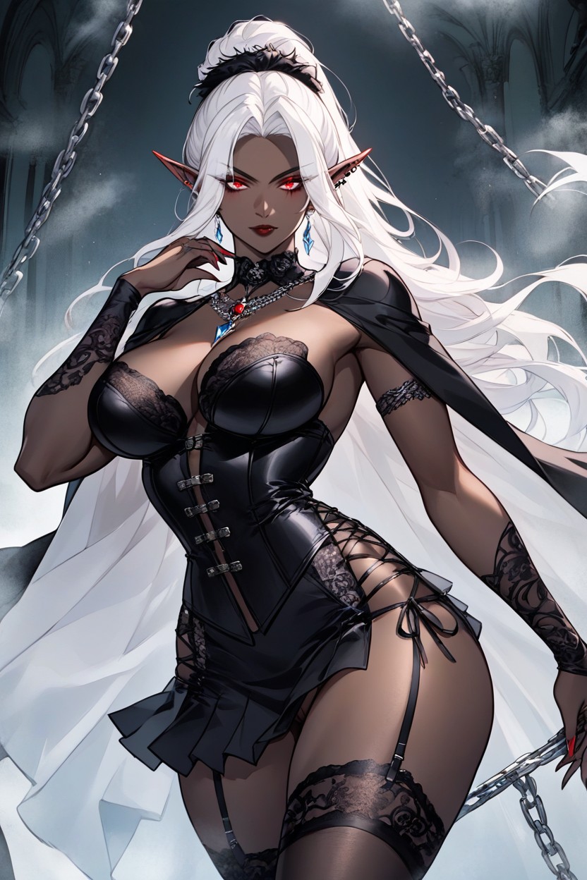 One Leg Raised Onto A Velvet Stool, Rounded Ass, Black Skinned Elf Women AI Porn