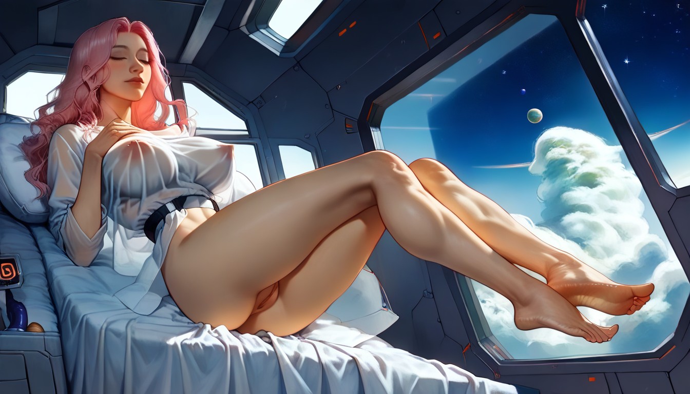 Dark Outer Space Outside Window, Bare Feet, Visible Nipples Through Clothes Hentai AI Porn