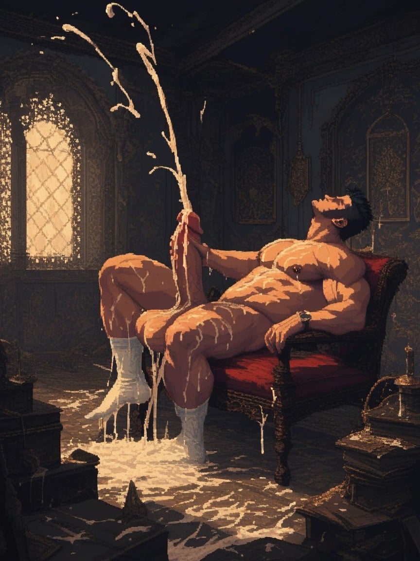 Long Strands Of Cum, Head Back, Excessive Messy Cum AI Gay Porn