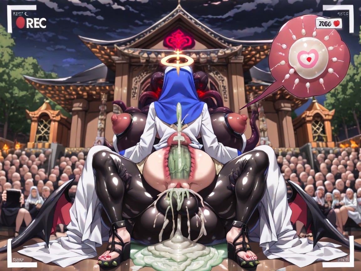 Clothes Female Holy Halo White Robe Blue Veil Leather Sandals Human Cloth, Excessive Green Cum Puddle, Impregnation Bubble Hentai AI Porn