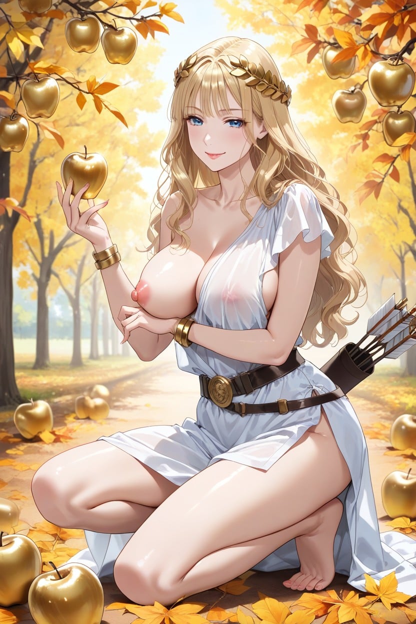 Front View, Other Breast Nipple Visible Under Clothes, Kneeling On One Knee Hentai AI Porn