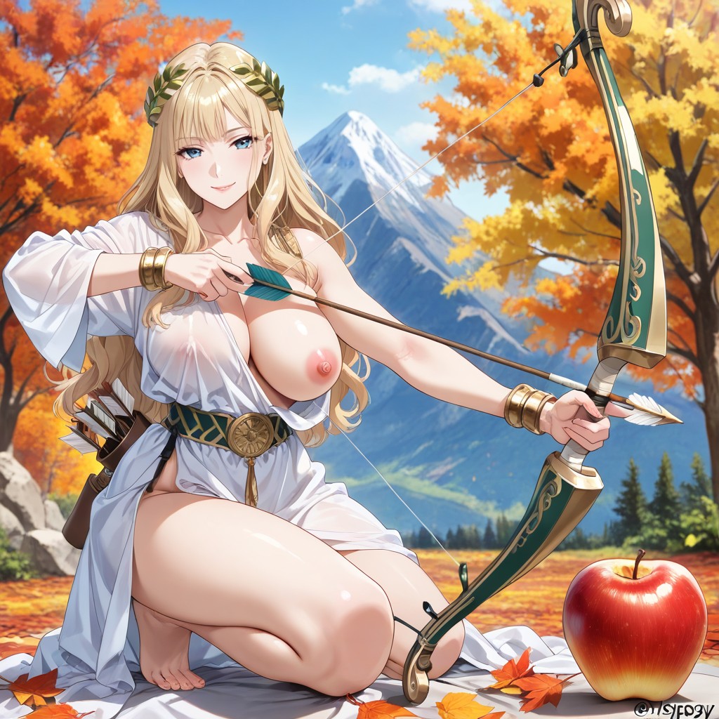 One Shoulder Transparent Sleeveless White Transparent Draped Tunic, Right Hand Drawing Bow String, Skinny Hentai AI Porn