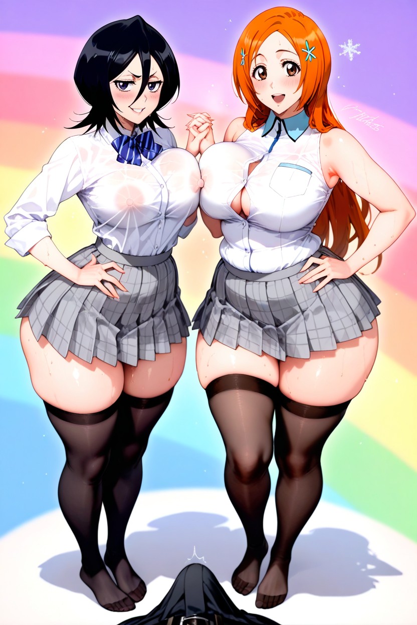 Black Thigh-high Socks, Giant Perfect Tits, Rainbow Background AI Porn