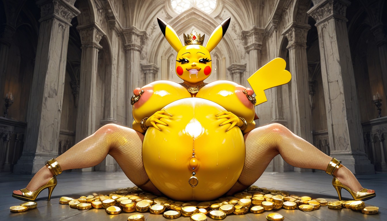 Thick Lips, Gold Coins, Golden Fishnet Bodystocking Hentai AI Porn