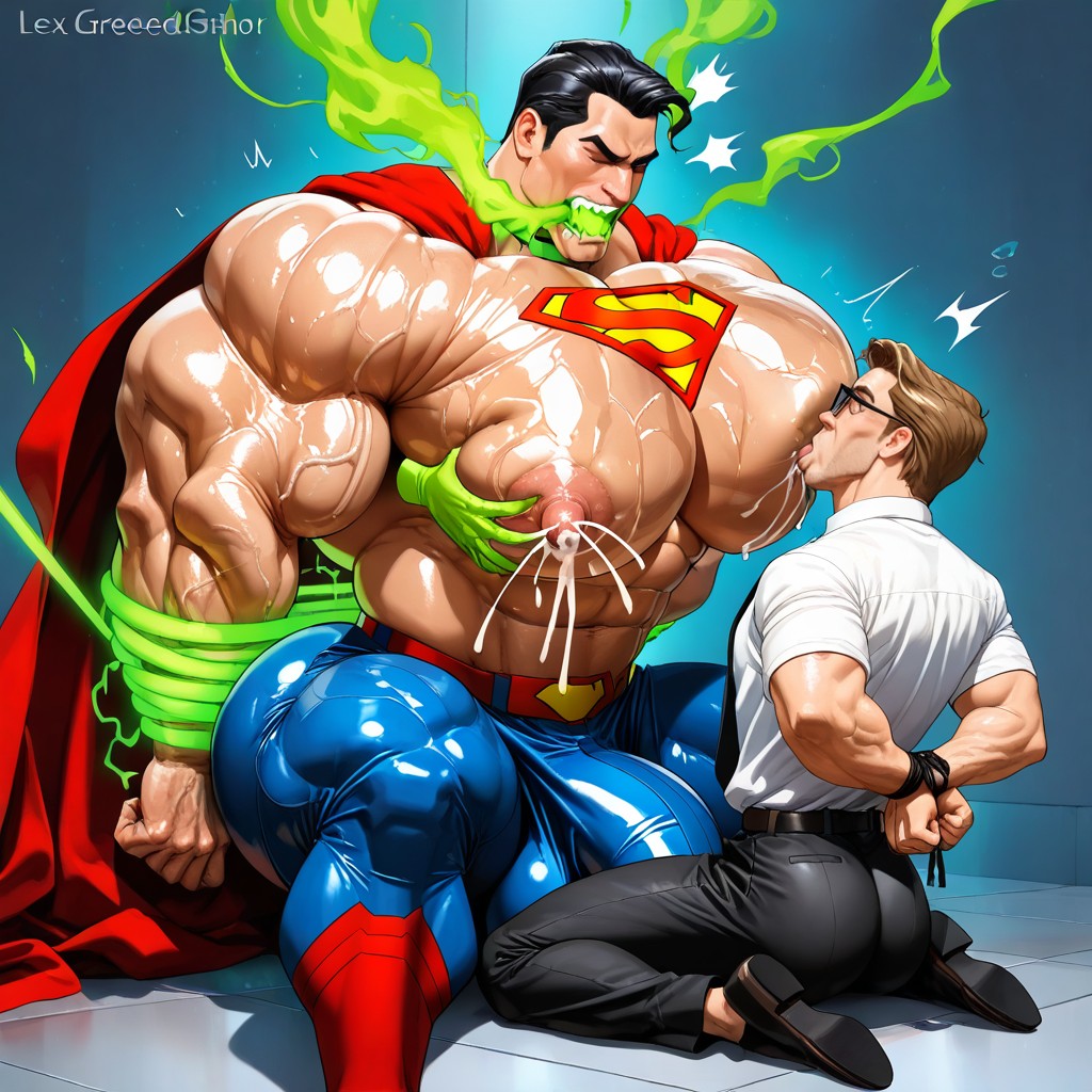 Lex Luthor Hyper Squishing Superman's Boobs And Sucking Boob Aggressively, Oversized Muscles, Erect Gigantic Penis AI Gay Porn