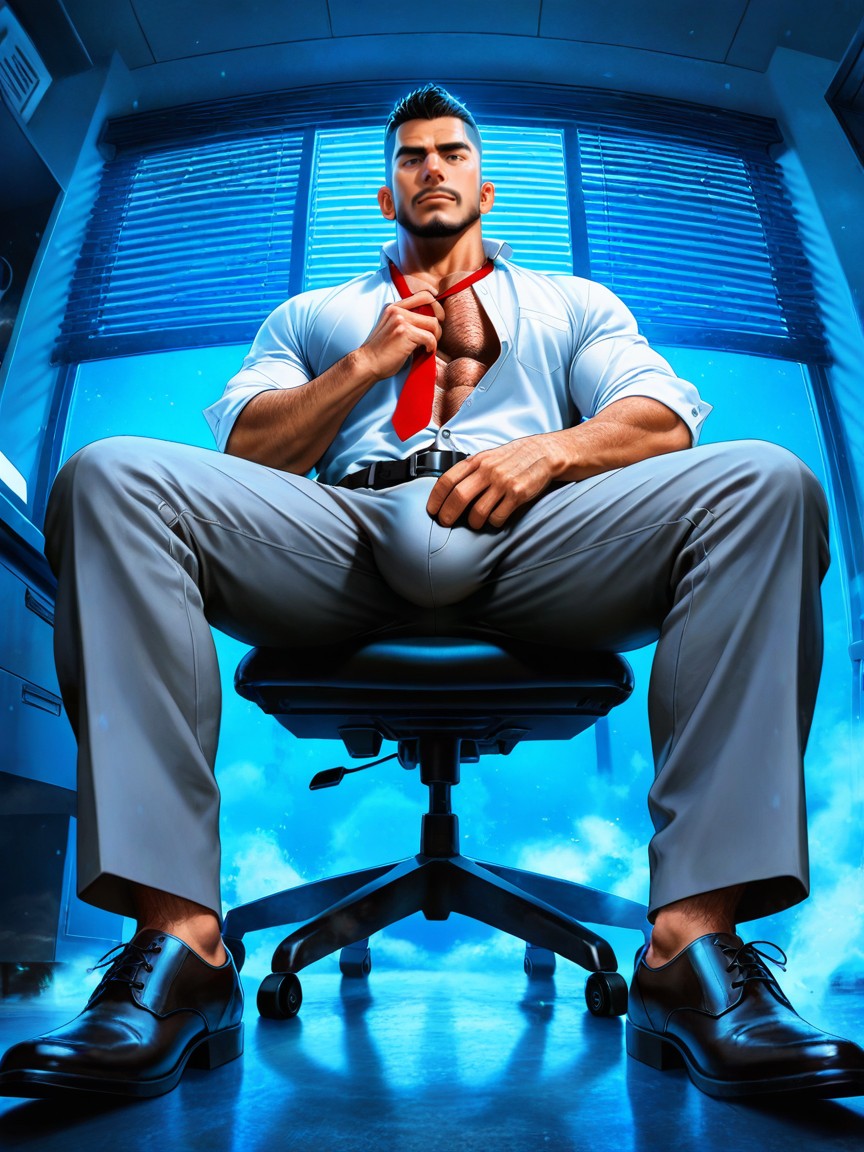 Thick Eyebrows, Dramatic Shadows, Right Hand On Necktie AI Gay Porn