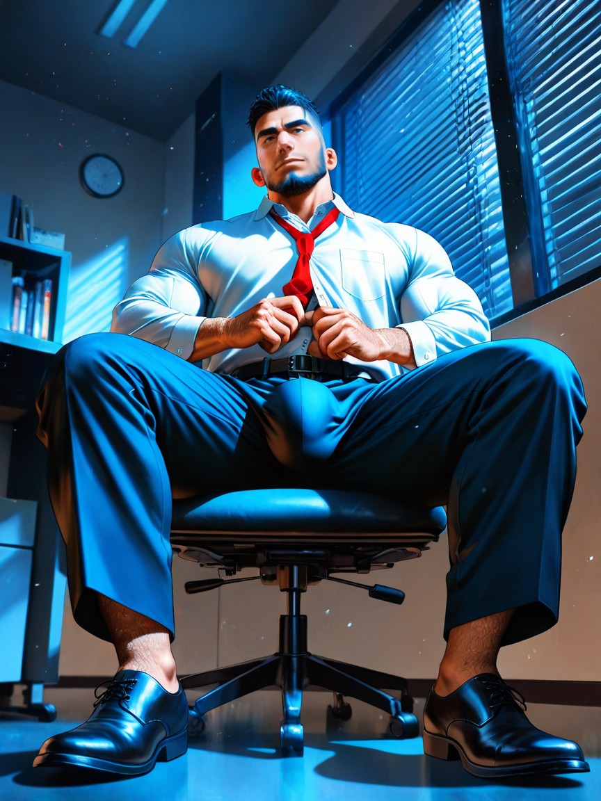 Dimly Lit Office Room At Night, Legs Apart, Towering AI Gay Porn