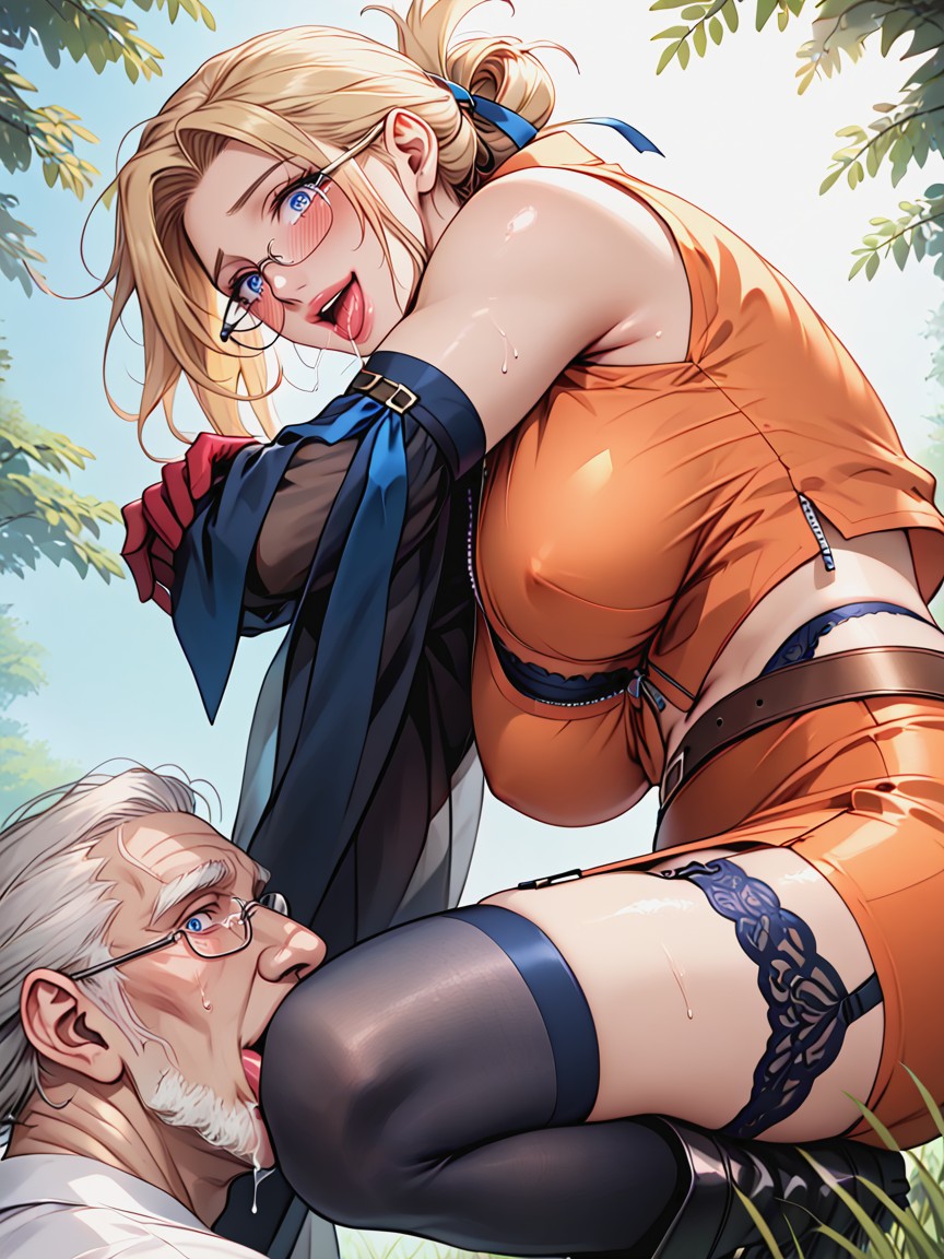 From Directly Below, Dark Blue See Through Panties Aside Under Skirt, Mature Face Hentai AI Porn