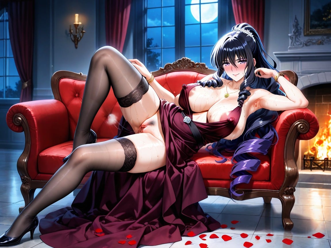 Pussy Leaking, Rose Petals Around The Floor And Couch, Gold Necklace Hentai AI Porn
