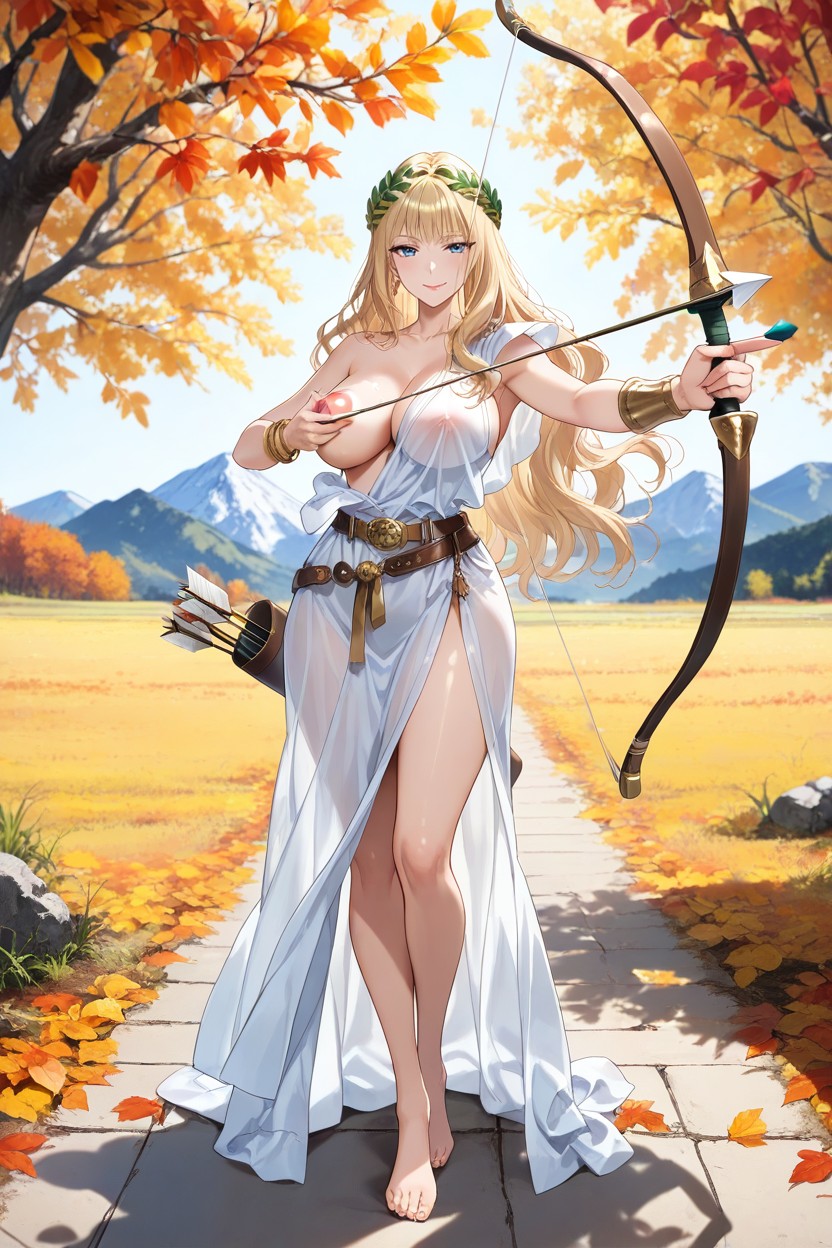 One Shoulder Transparent Sleeveless White Transparent Draped Tunic, Medium Breast, Autumn Hentai AI Porn