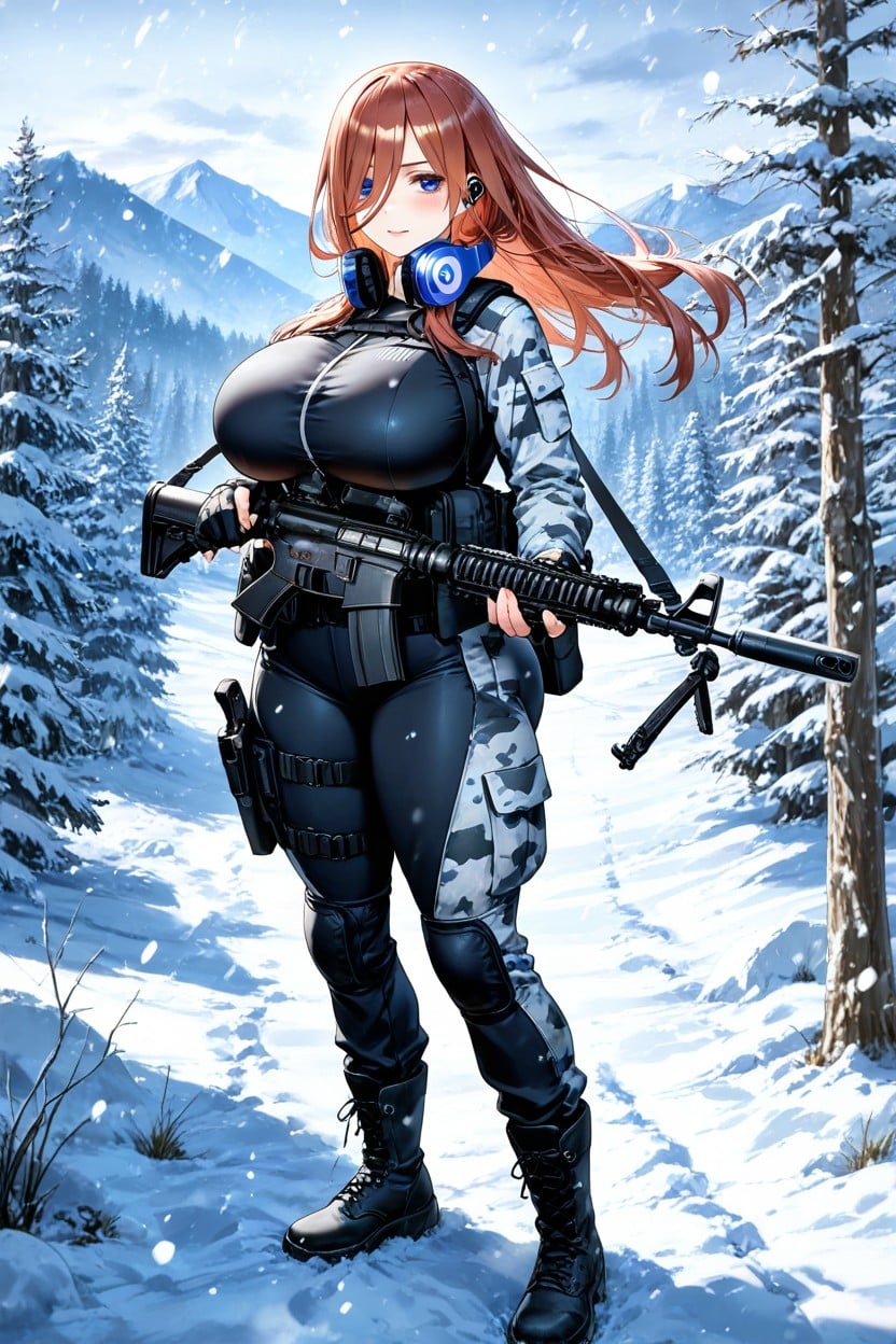 Blue Headphones On Neck, M Rifle Strapped On Back, Focused Expression Hentai AI Porn