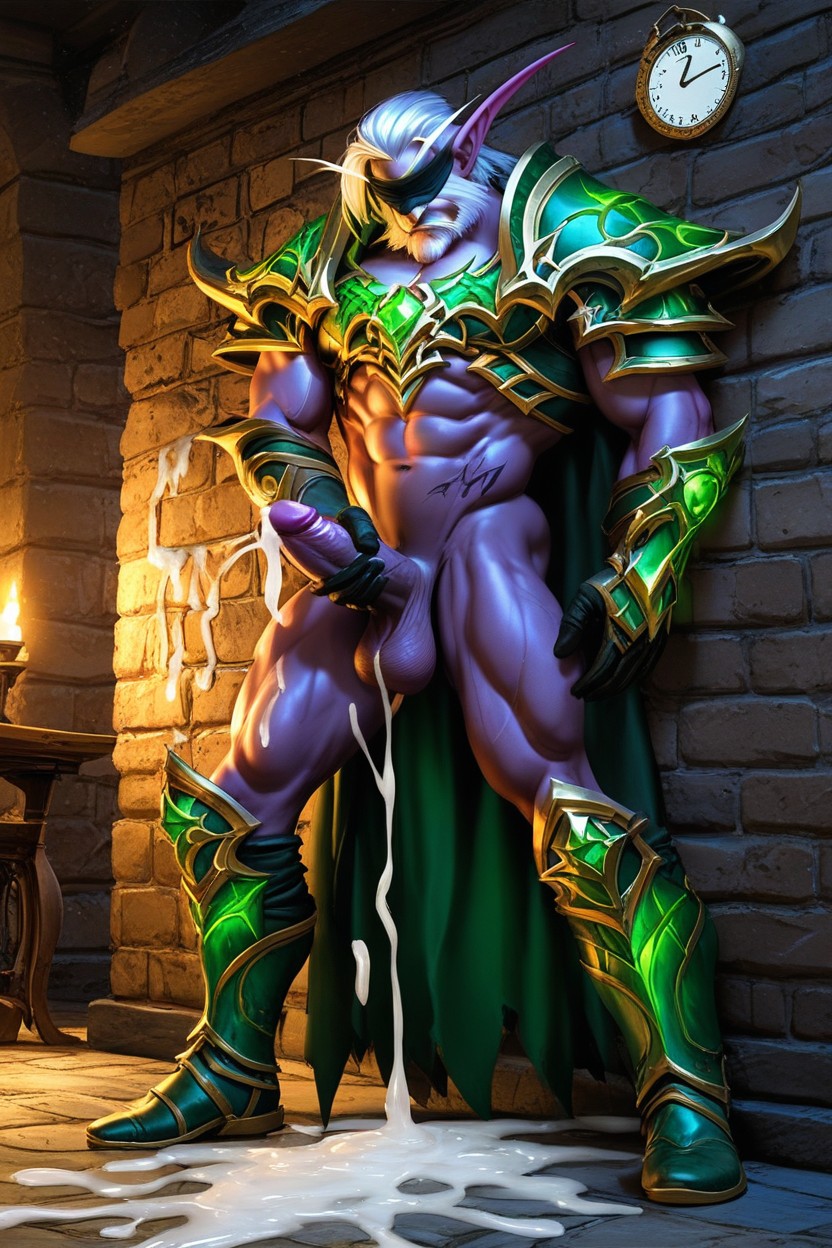 Purple Skin, Masturbating Large Purple Cock, Elf Wearing Fel Green Armor AI Gay Porn