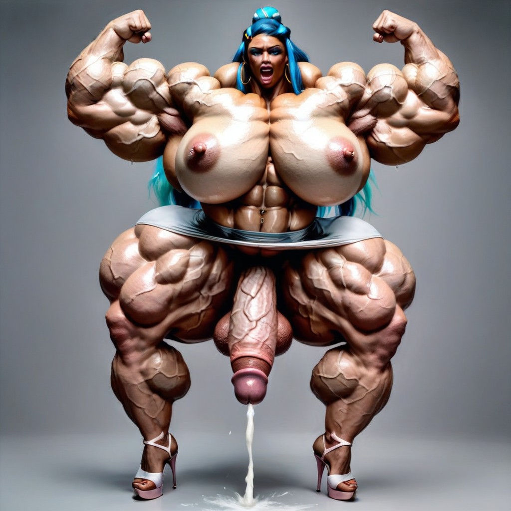 Gigantic Trapezius, Grey Background, Piercing Nipples Shemale AI Porn