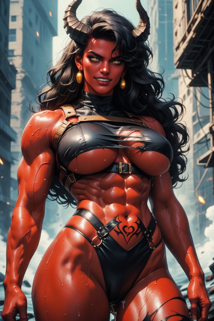 Large Round Breasts, Bounce Lines, Black Curved Horns On Head AIポルノ