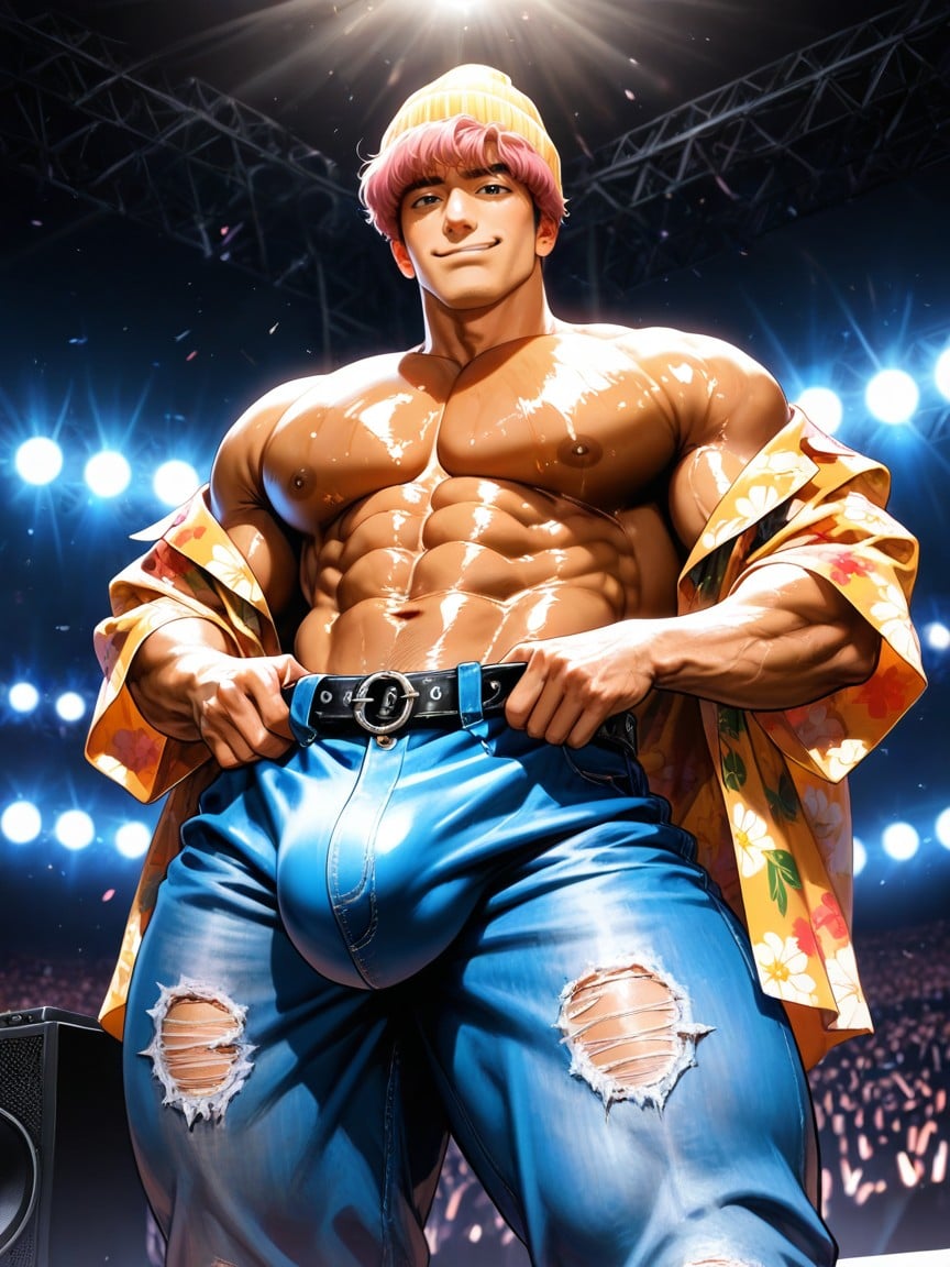 Very Short Hair, Huge Bulging Pectorals, Hands On Waistband AI Gay Porn