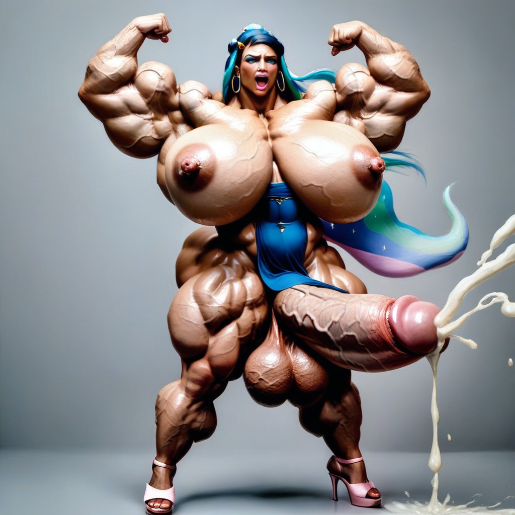 Over Exaggerated Muscle Mass, Gigantic Arms, Grey Background Shemale AI Porn