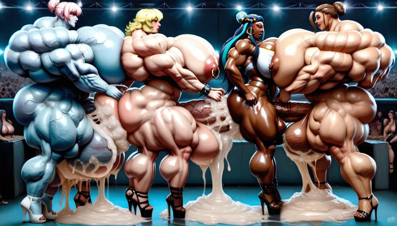 Extreme Hyper Gigantic Muscles, Multicolored Highlights Hair, Leather Bracers Shemale AI Porn