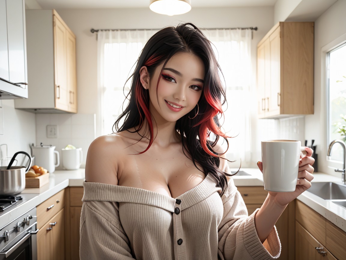 Long Black Hair With Red Highlights, Sharp Winged Eyeliner, Hourglass Hentai AI Porn
